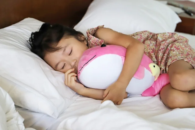 ぬいぐるみを抱いて昼寝をする子供