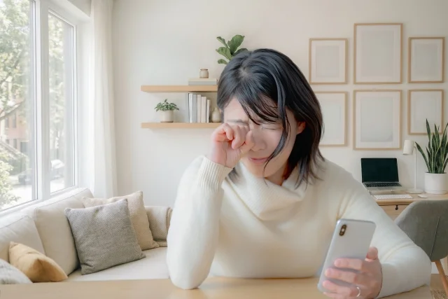 自宅で物思いに沈む女性